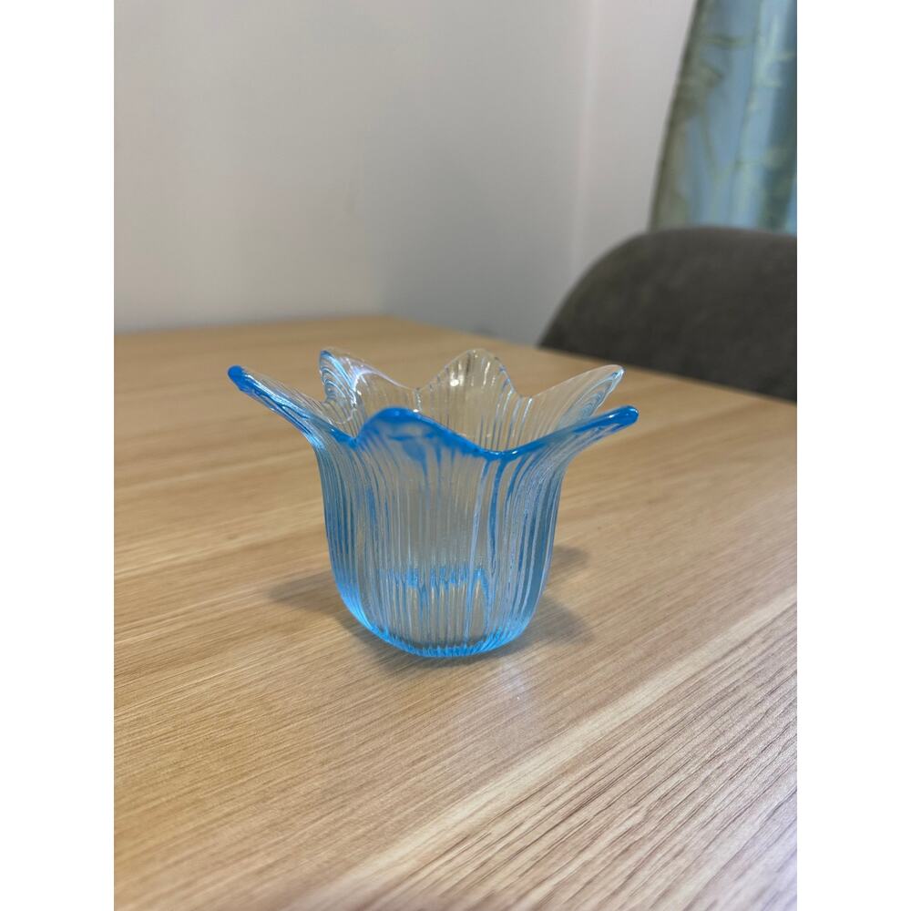 Clear Blue Glass Ribbed Tulip Candle Holder VINTAGE